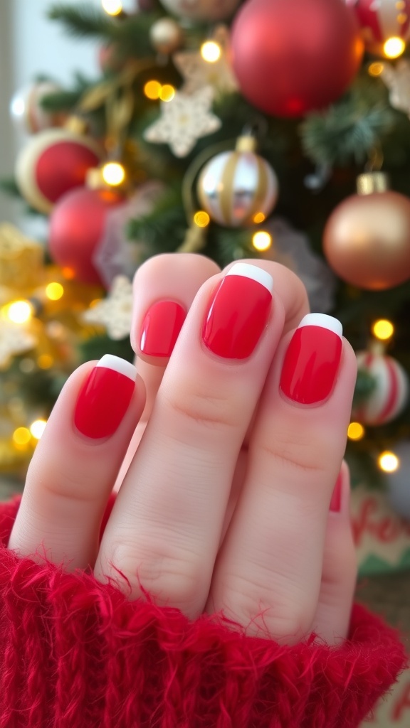 Short red French tip nails displayed with Christmas decorations in the background.